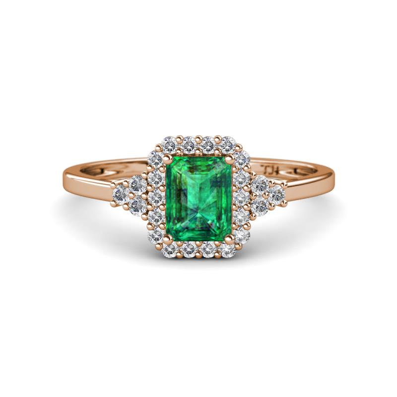 Josie Rainbow Emerald Cut Lab Created Emerald and Round Diamond Halo Engagement Ring 