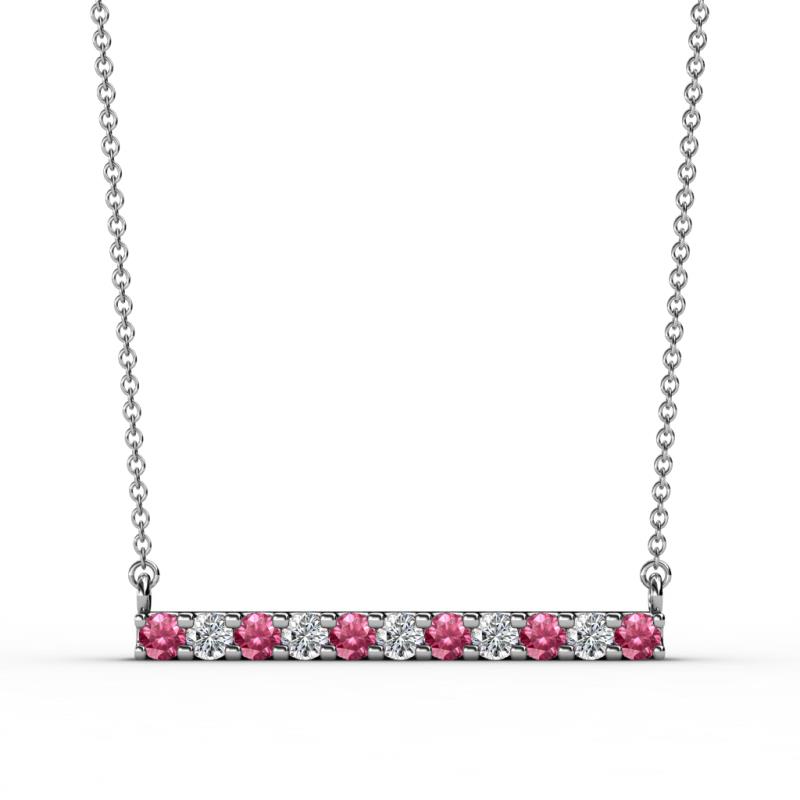 Noela 2.70 mm Round Pink Tourmaline and Diamond Horizontal Bar Pendant Necklace 