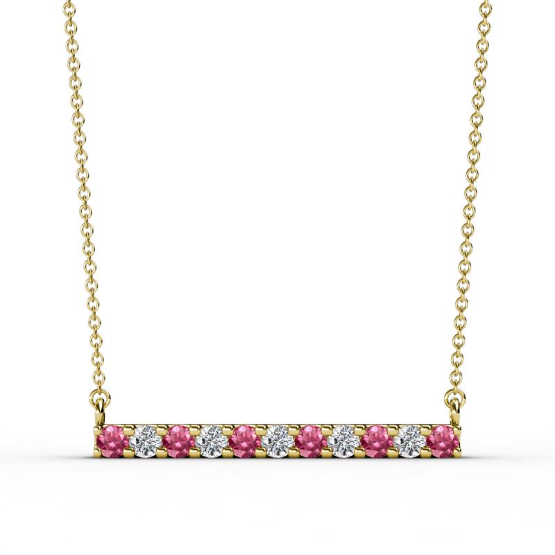 Noela 2.70 mm Round Pink Tourmaline and Diamond Horizontal Bar Pendant Necklace 