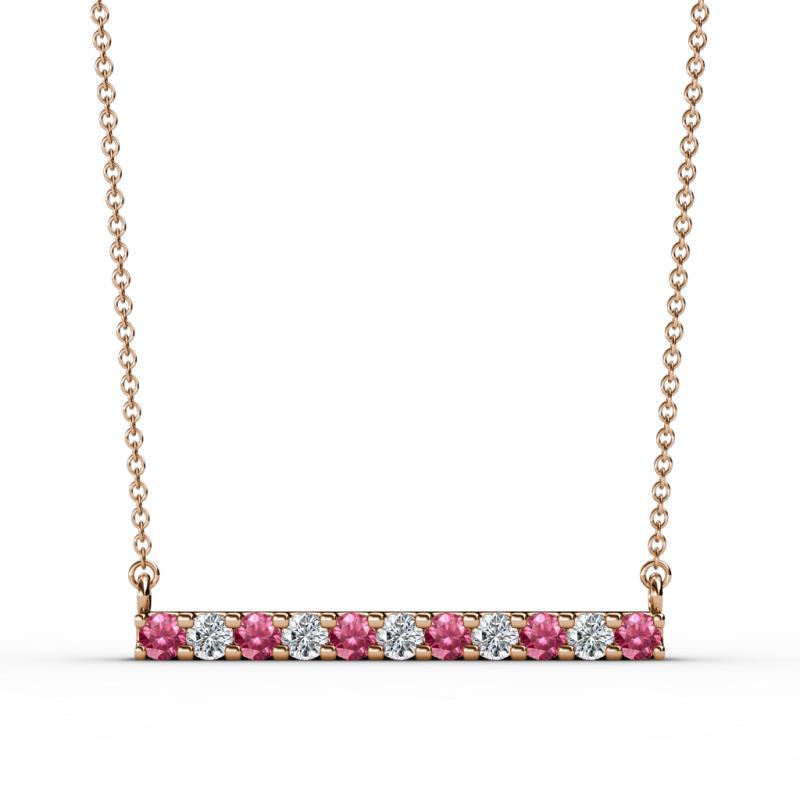 Noela 2.70 mm Round Pink Tourmaline and Lab Grown Diamond Horizontal Bar Pendant Necklace 