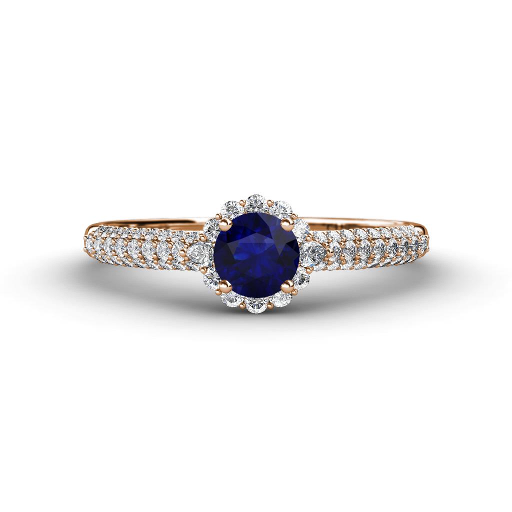 Christy Classic Round Blue Sapphire and Diamond 3 Row Shank Halo Engagement Ring 