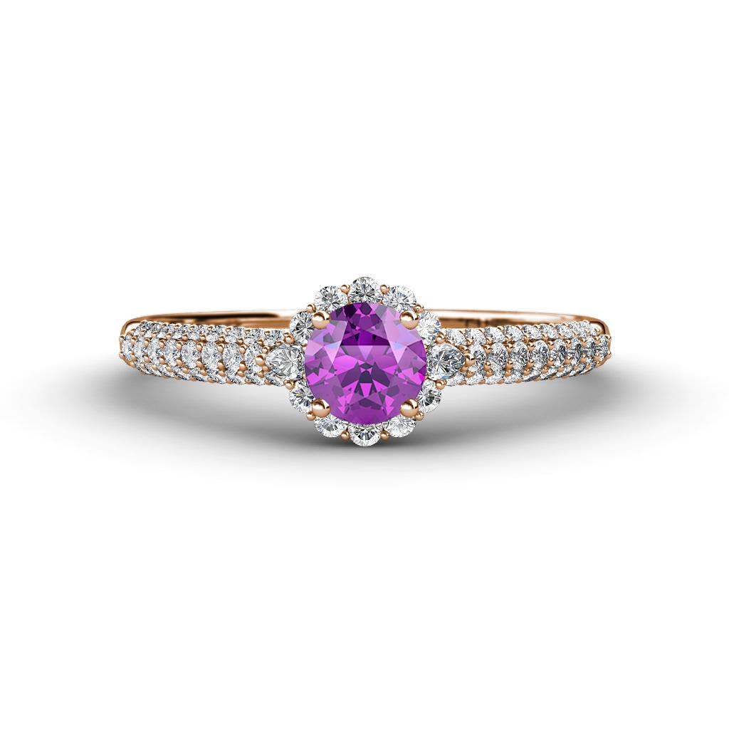 Christy Classic Round Amethyst and Diamond 3 Row Shank Halo Engagement Ring 