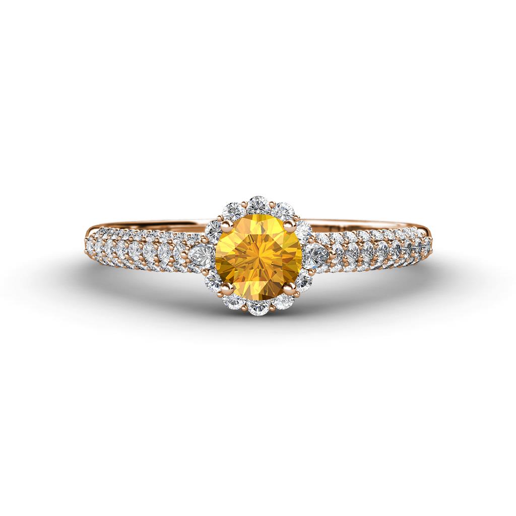 Christy Classic Round Citrine and Diamond 3 Row Shank Halo Engagement Ring 