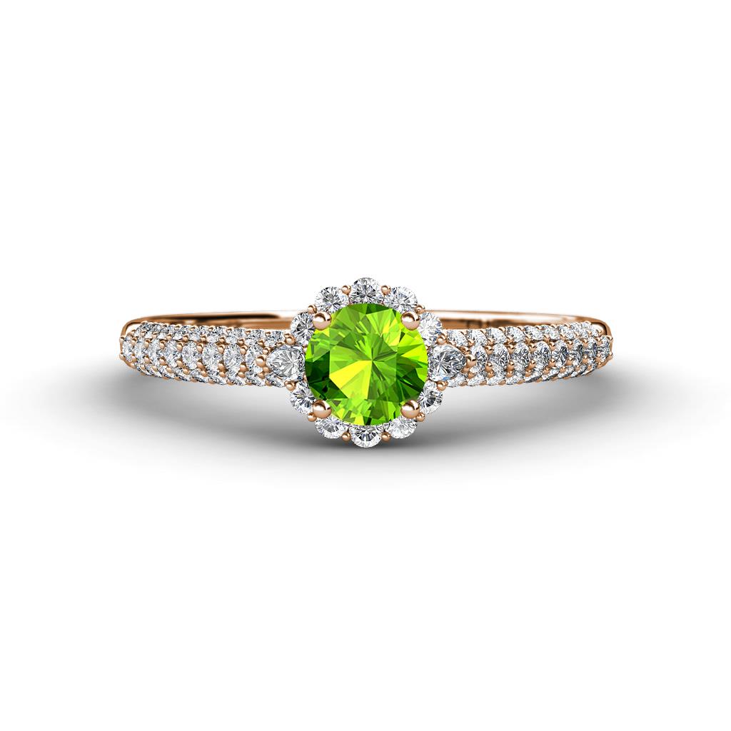 Christy Classic Round Peridot and Diamond 3 Row Shank Halo Engagement Ring 