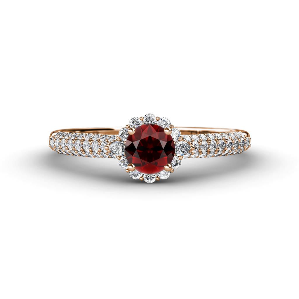 Christy Classic Round Red Garnet and Diamond 3 Row Shank Halo Engagement Ring 