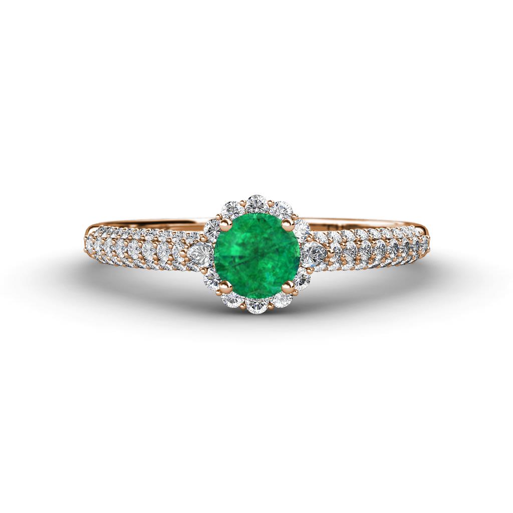 Christy Classic Round Emerald and Diamond 3 Row Shank Halo Engagement Ring 
