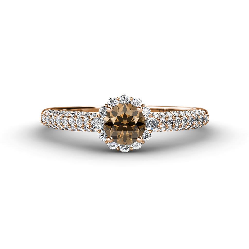 Christy Classic Round Smoky Quartz and Diamond 3 Row Shank Halo Engagement Ring 