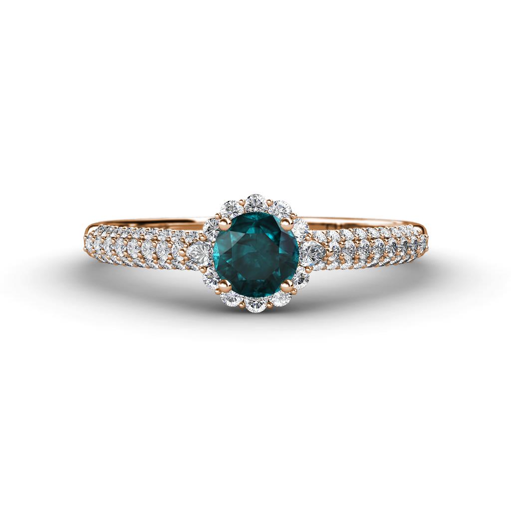 Christy Classic Round London Blue Topaz and Diamond 3 Row Shank Halo Engagement Ring 