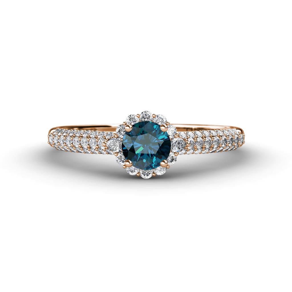 Christy Classic Round Blue and White Diamond 3 Row Shank Halo Engagement Ring 