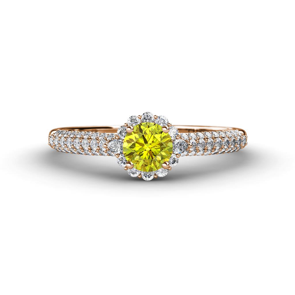 Christy Classic Round Yellow and White Diamond 3 Row Shank Halo Engagement Ring 