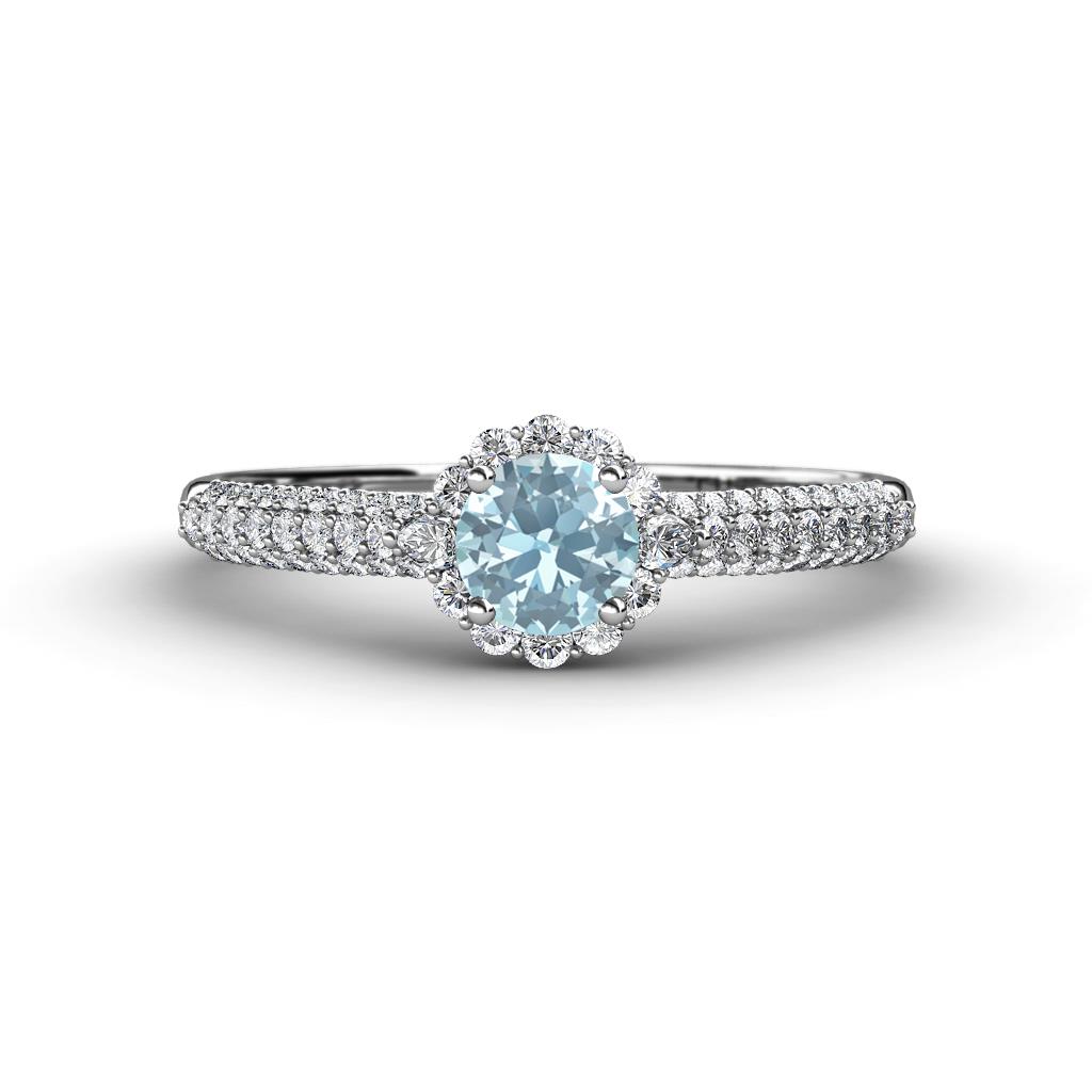 Christy Classic Round Aquamarine and Diamond 3 Row Shank Halo Engagement Ring 