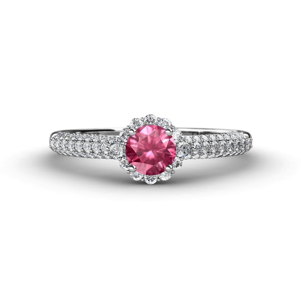 Christy Classic Round Pink Tourmaline and Diamond 3 Row Shank Halo Engagement Ring 
