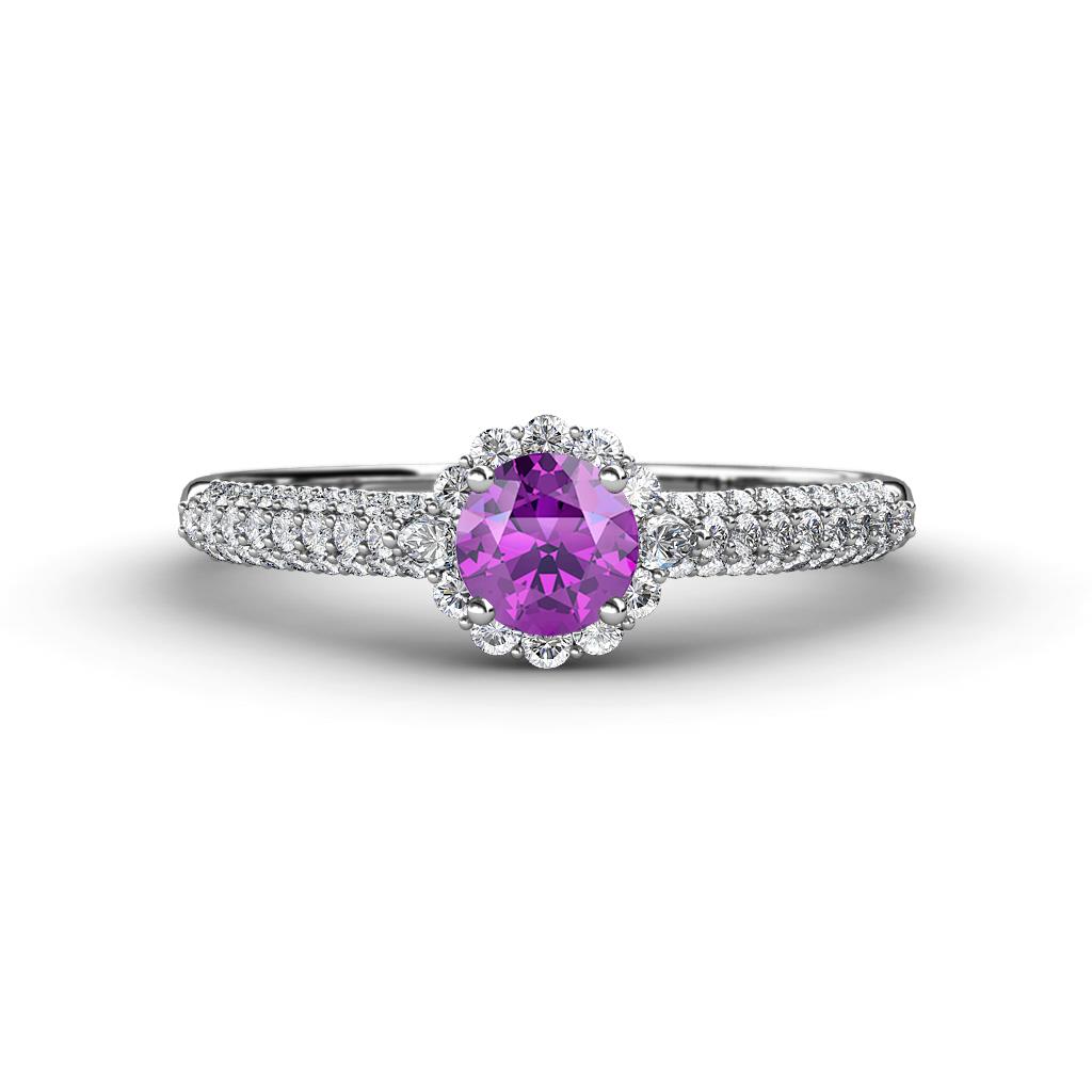Christy Classic Round Amethyst and Diamond 3 Row Shank Halo Engagement Ring 