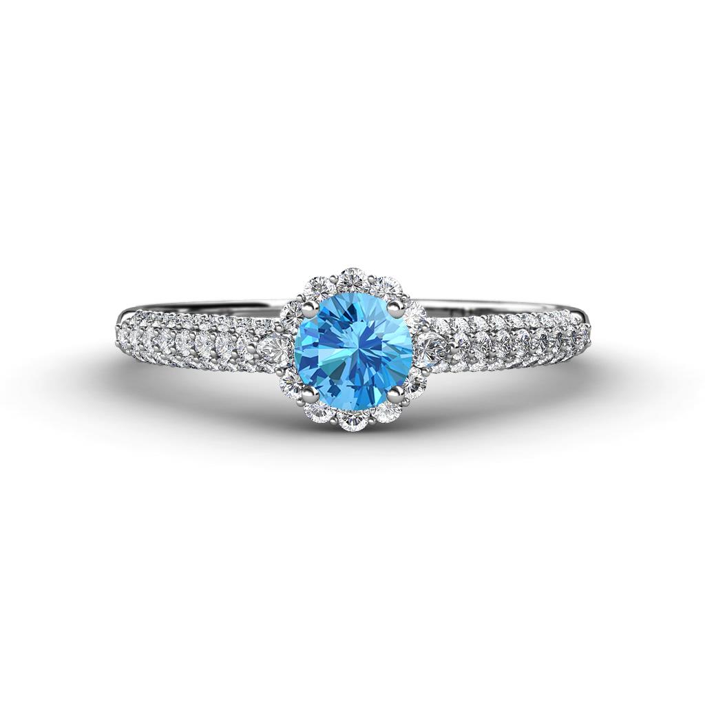 Christy Classic Round Blue Topaz and Diamond 3 Row Shank Halo Engagement Ring 
