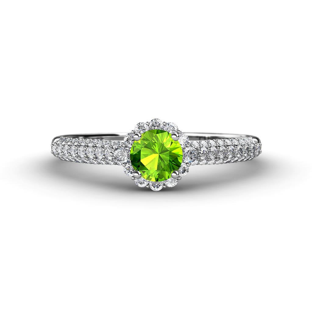Christy Classic Round Peridot and Diamond 3 Row Shank Halo Engagement Ring 