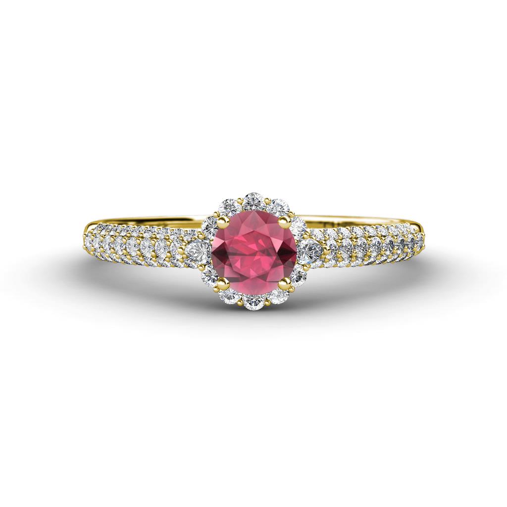 Christy Classic Round Rhodolite Garnet and Diamond 3 Row Shank Halo Engagement Ring 