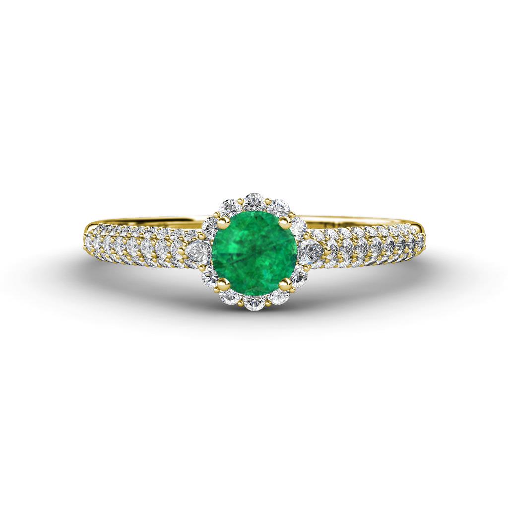 Christy Classic Round Emerald and Diamond 3 Row Shank Halo Engagement Ring 