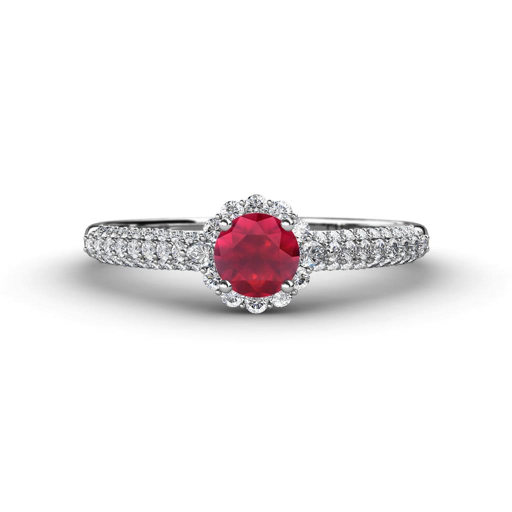 Christy Classic Round Ruby and Diamond 3 Row Shank Halo Engagement Ring 