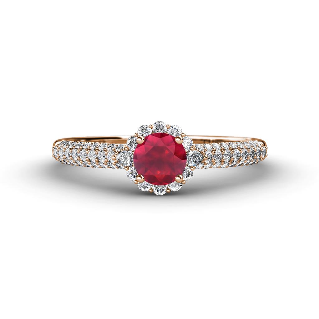 Christy Classic Round Ruby and Diamond 3 Row Shank Halo Engagement Ring 