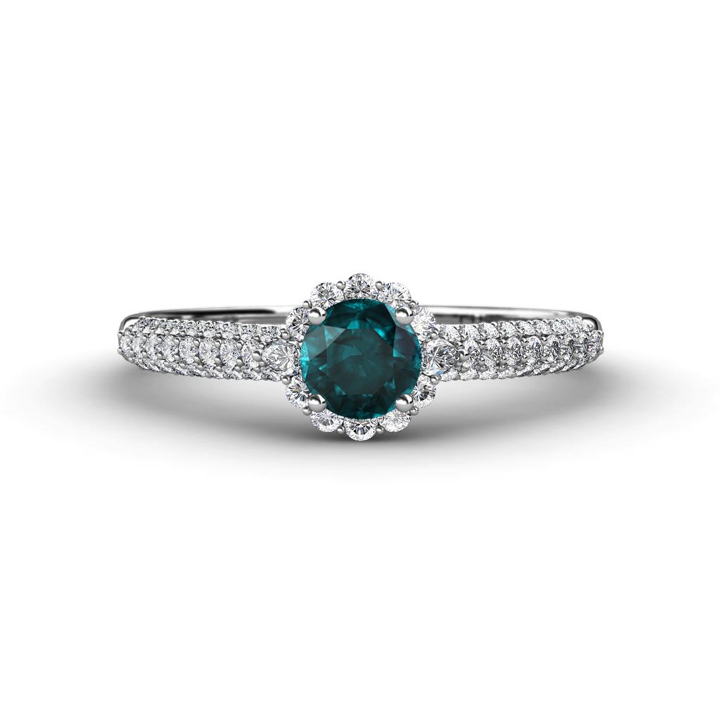 Christy Classic Round London Blue Topaz and Diamond 3 Row Shank Halo Engagement Ring 