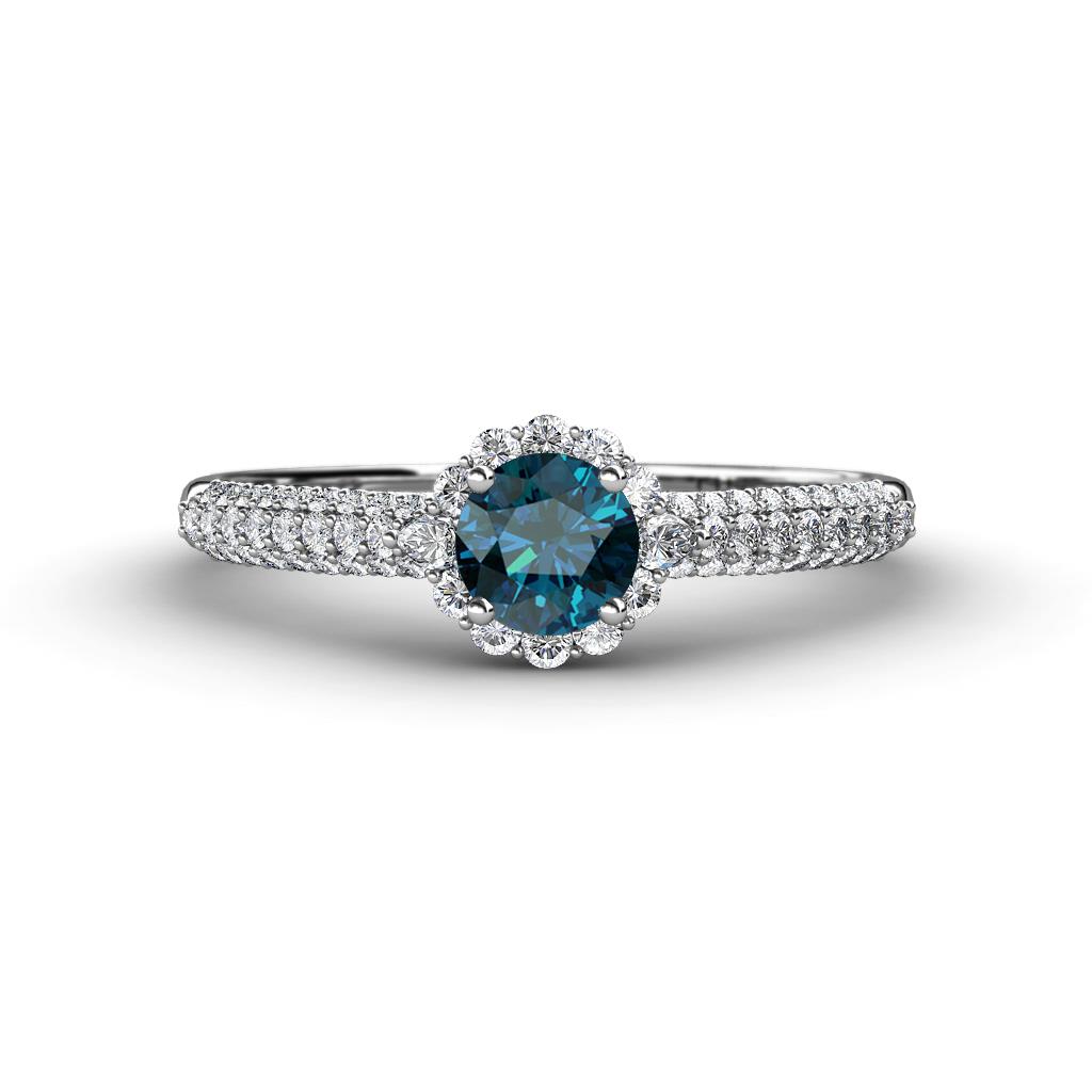 Christy Classic Round Blue and White Diamond 3 Row Shank Halo Engagement Ring 