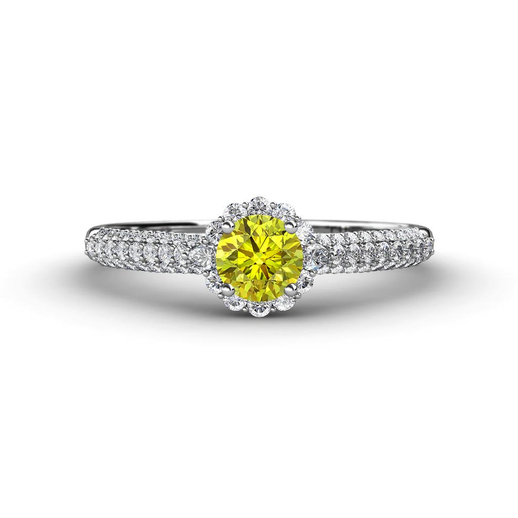 Christy Classic Round Yellow and White Diamond 3 Row Shank Halo Engagement Ring 