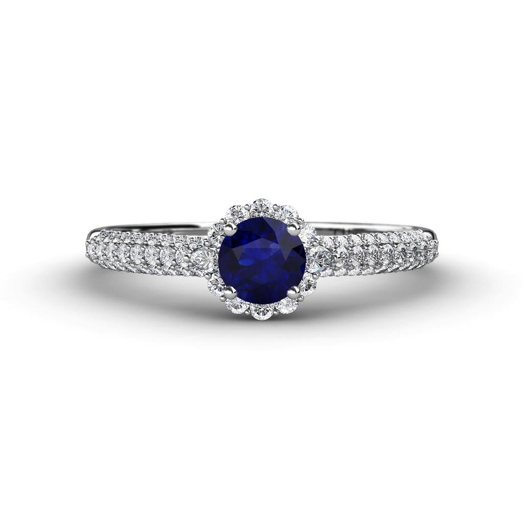 Christy Classic Round Blue Sapphire and Diamond 3 Row Shank Halo Engagement Ring 