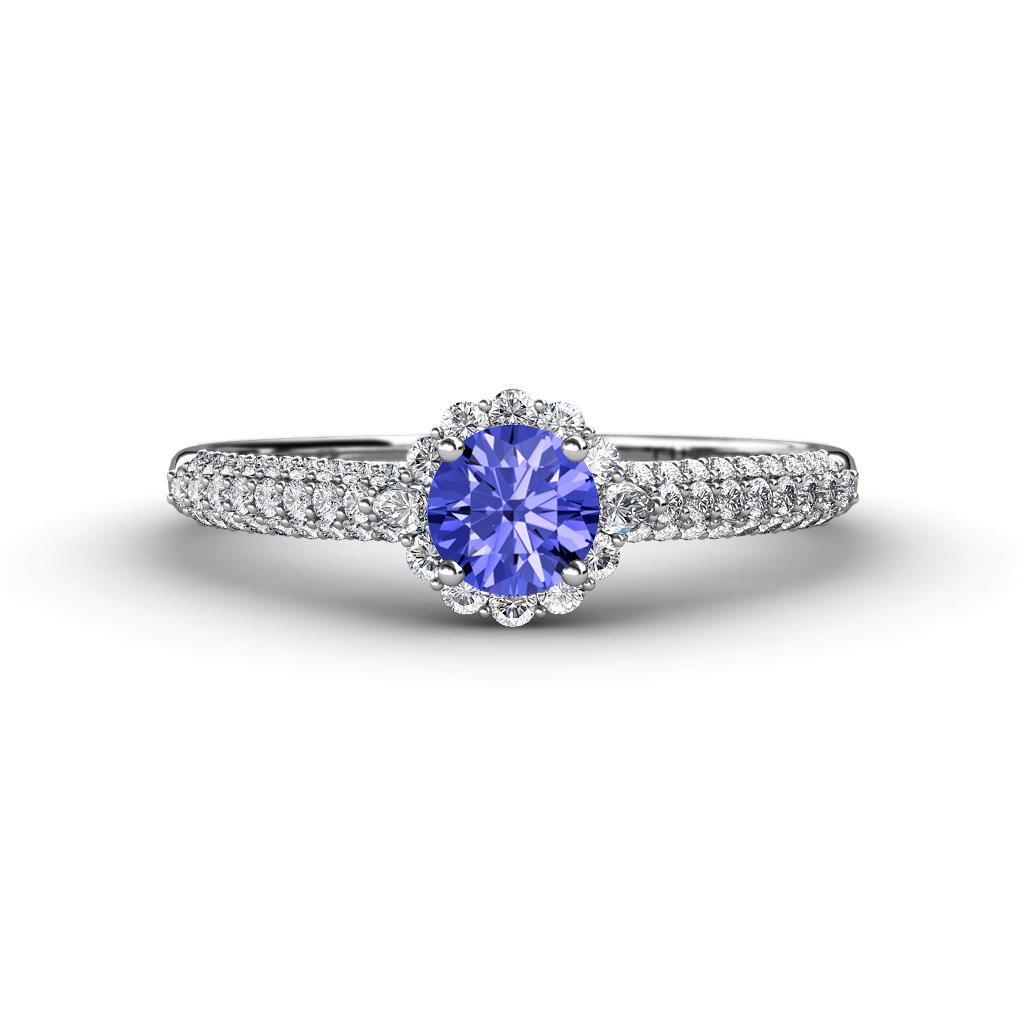 Christy Classic Round Tanzanite and Diamond 3 Row Shank Halo Engagement Ring 