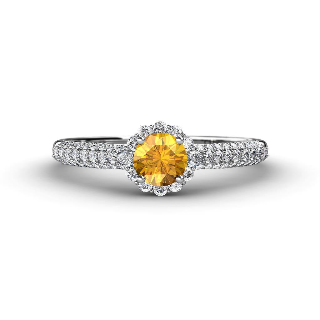 Christy Classic Round Citrine and Diamond 3 Row Shank Halo Engagement Ring 
