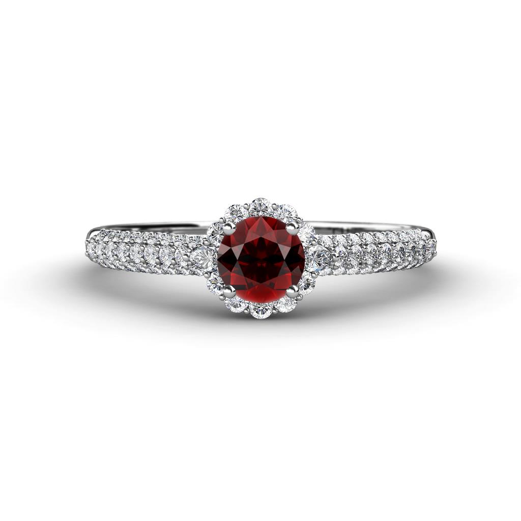 Christy Classic Round Red Garnet and Diamond 3 Row Shank Halo Engagement Ring 