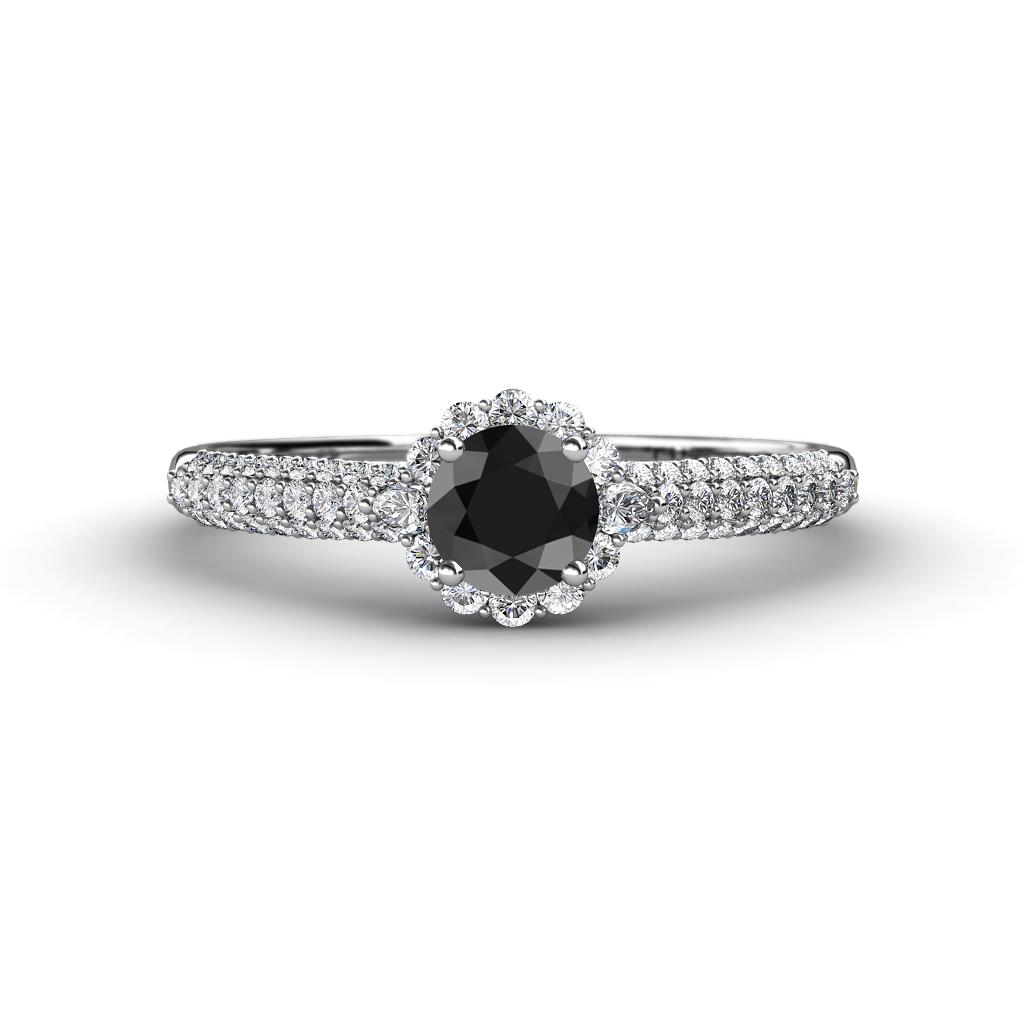 Christy Classic Round Black and White Diamond 3 Row Shank Halo Engagement Ring 