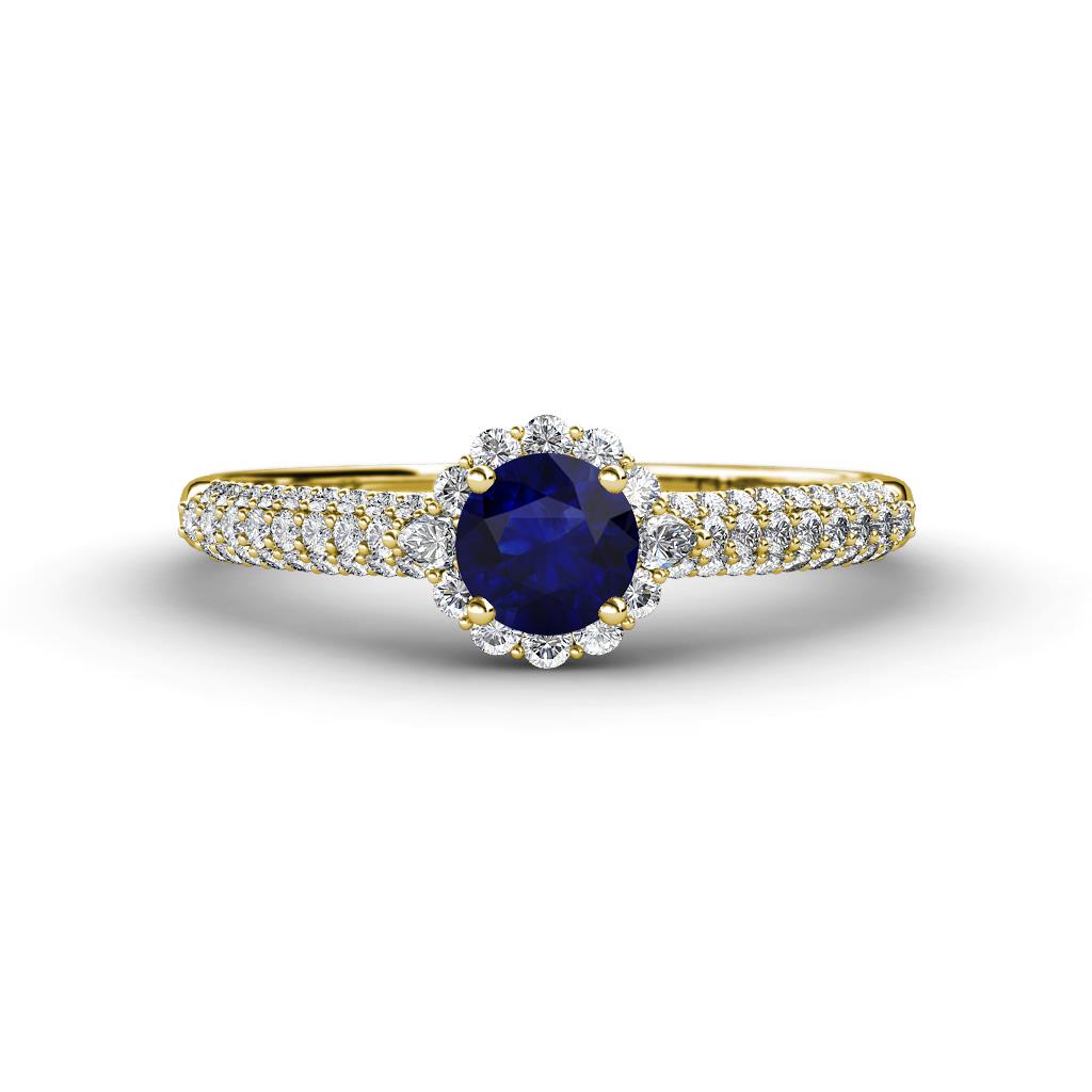 Christy Classic Round Blue Sapphire and Diamond 3 Row Shank Halo Engagement Ring 