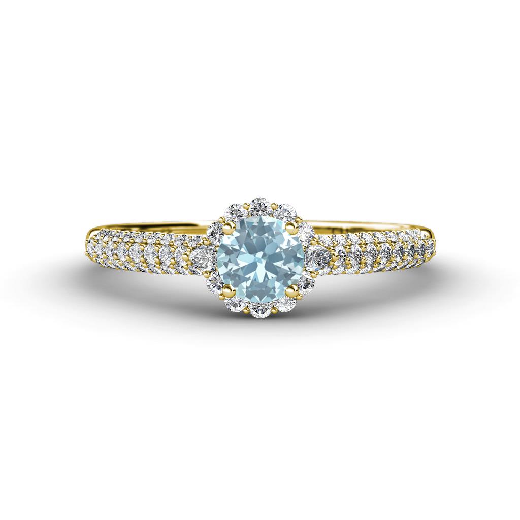 Christy Classic Round Aquamarine and Diamond 3 Row Shank Halo Engagement Ring 
