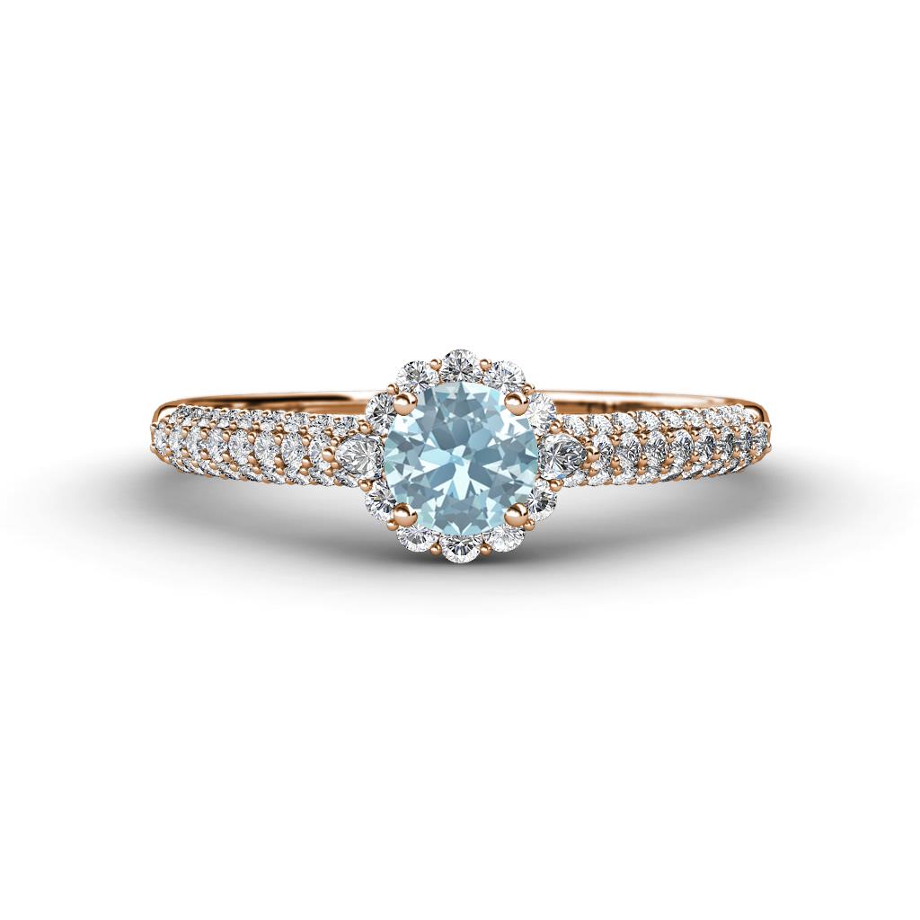 Christy Classic Round Aquamarine and Diamond 3 Row Shank Halo Engagement Ring 