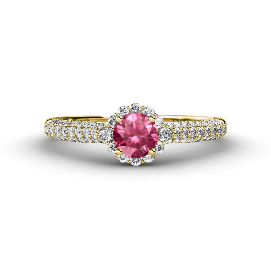 Christy Classic Round Pink Tourmaline and Diamond 3 Row Shank Halo Engagement Ring 