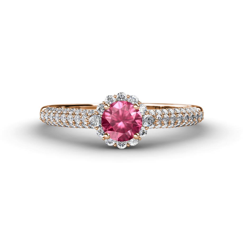 Christy Classic Round Pink Tourmaline and Diamond 3 Row Shank Halo Engagement Ring 