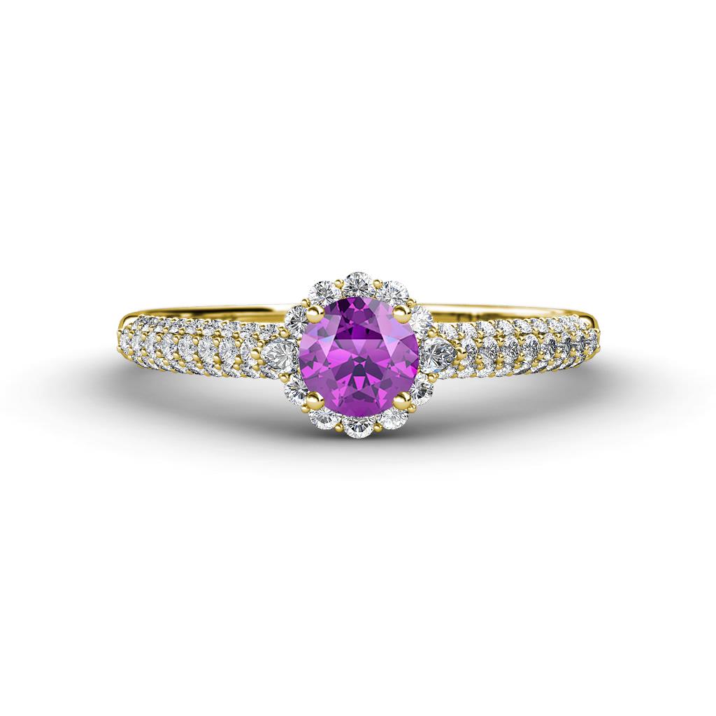 Christy Classic Round Amethyst and Diamond 3 Row Shank Halo Engagement Ring 