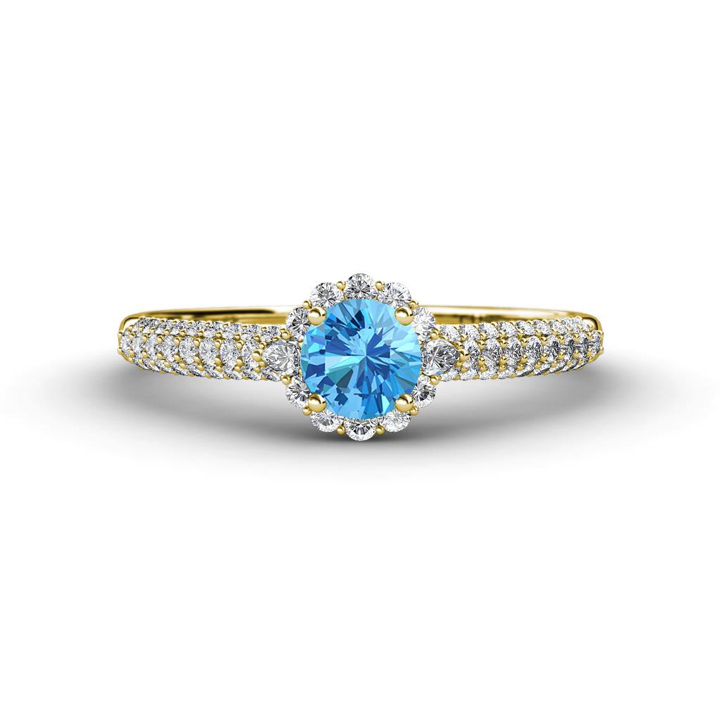 Christy Classic Round Blue Topaz and Diamond 3 Row Shank Halo Engagement Ring 