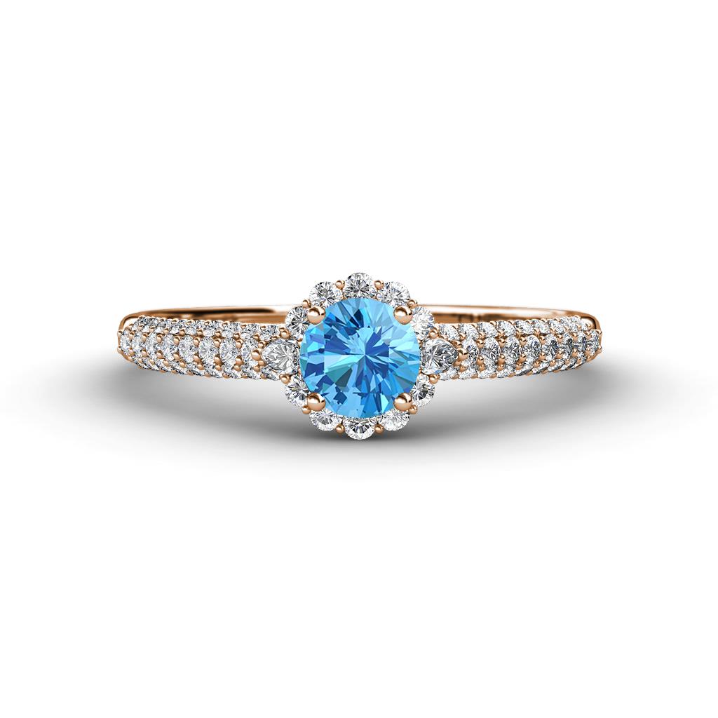 Christy Classic Round Blue Topaz and Diamond 3 Row Shank Halo Engagement Ring 