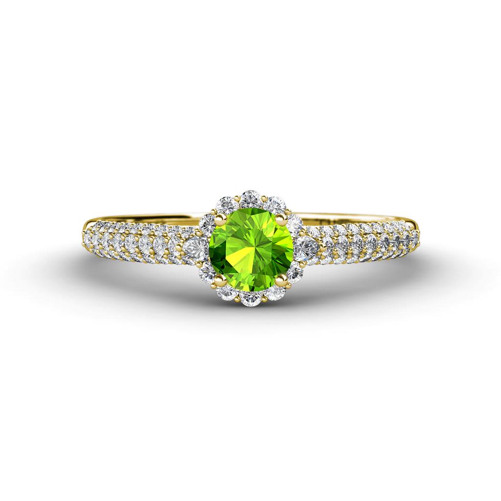 Christy Classic Round Peridot and Diamond 3 Row Shank Halo Engagement Ring 