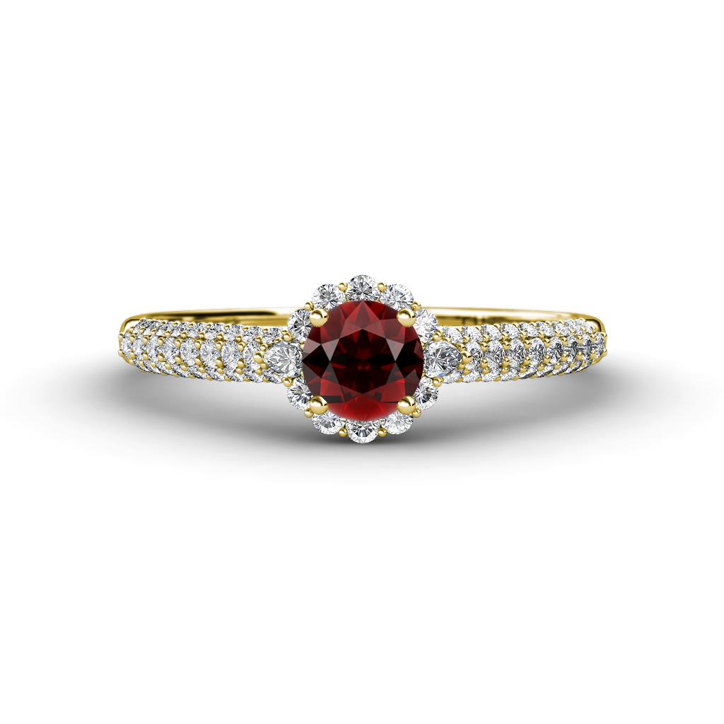 Christy Classic Round Red Garnet and Diamond 3 Row Shank Halo Engagement Ring 