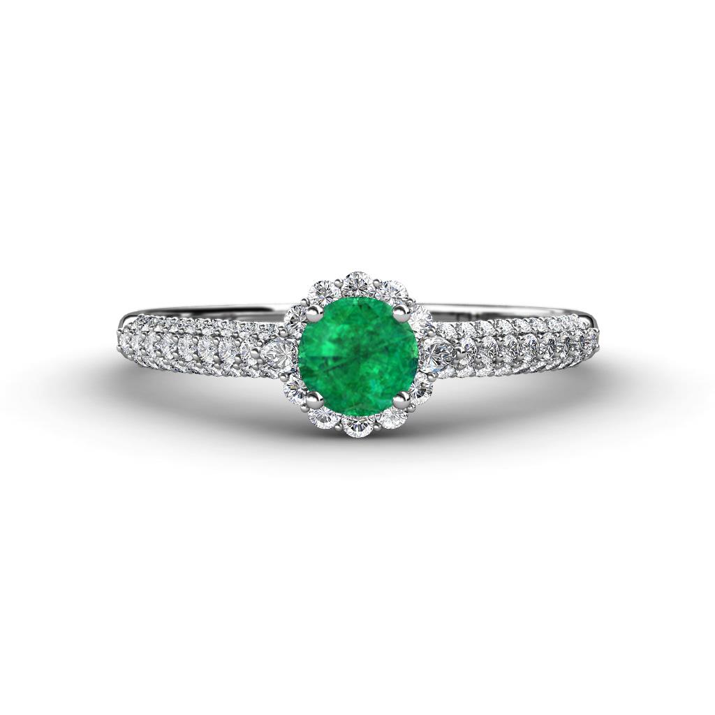 Christy Classic Round Emerald and Diamond 3 Row Shank Halo Engagement Ring 