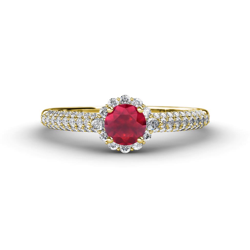 Christy Classic Round Ruby and Diamond 3 Row Shank Halo Engagement Ring 