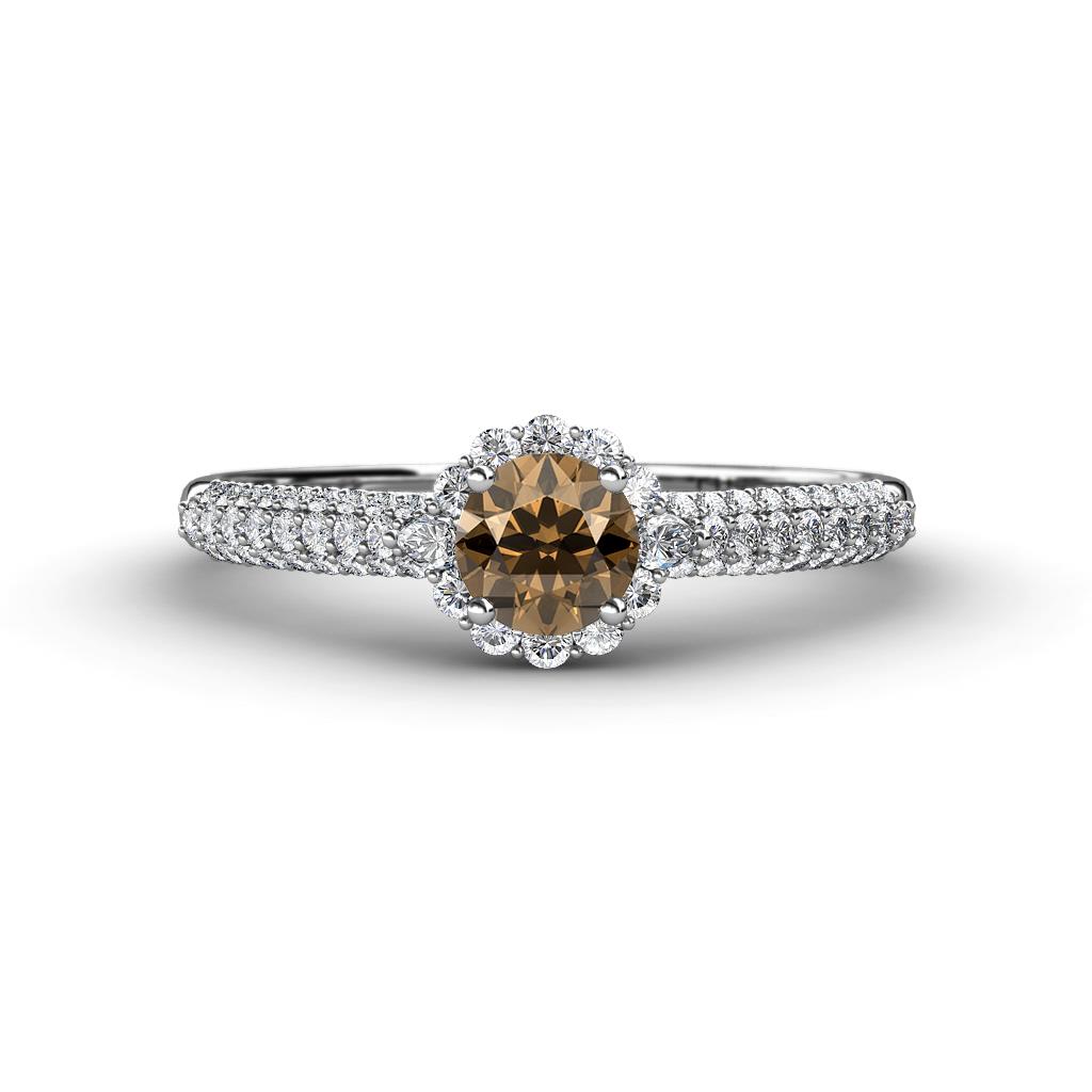 Christy Classic Round Smoky Quartz and Diamond 3 Row Shank Halo Engagement Ring 