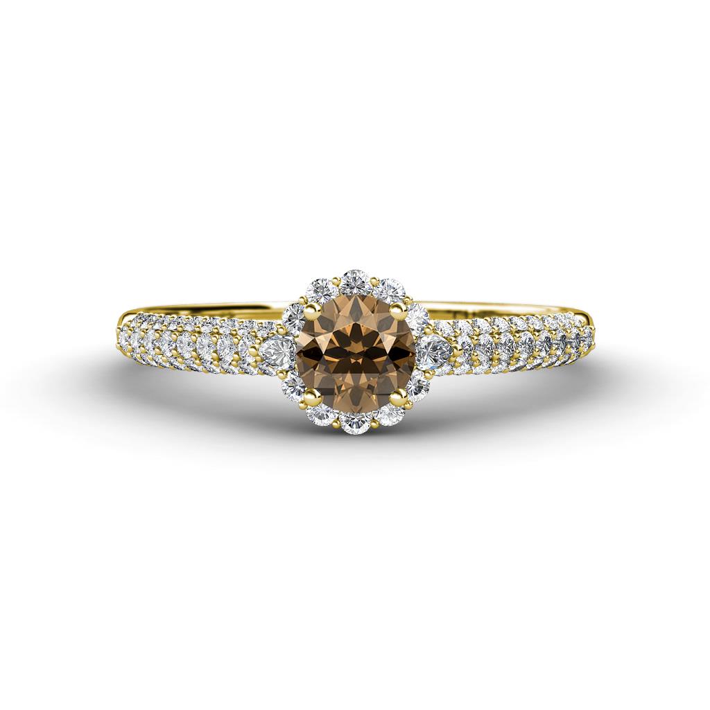 Christy Classic Round Smoky Quartz and Diamond 3 Row Shank Halo Engagement Ring 