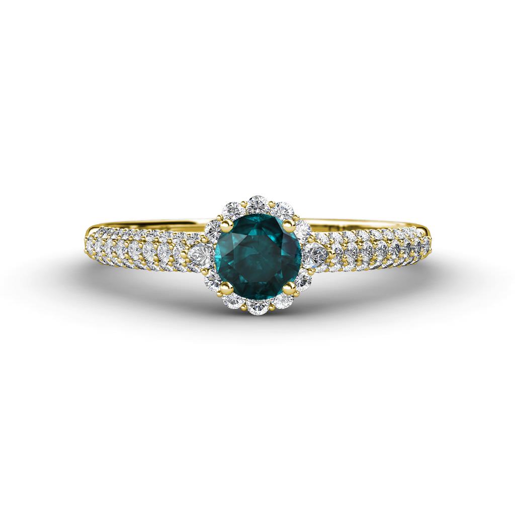 Christy Classic Round London Blue Topaz and Diamond 3 Row Shank Halo Engagement Ring 