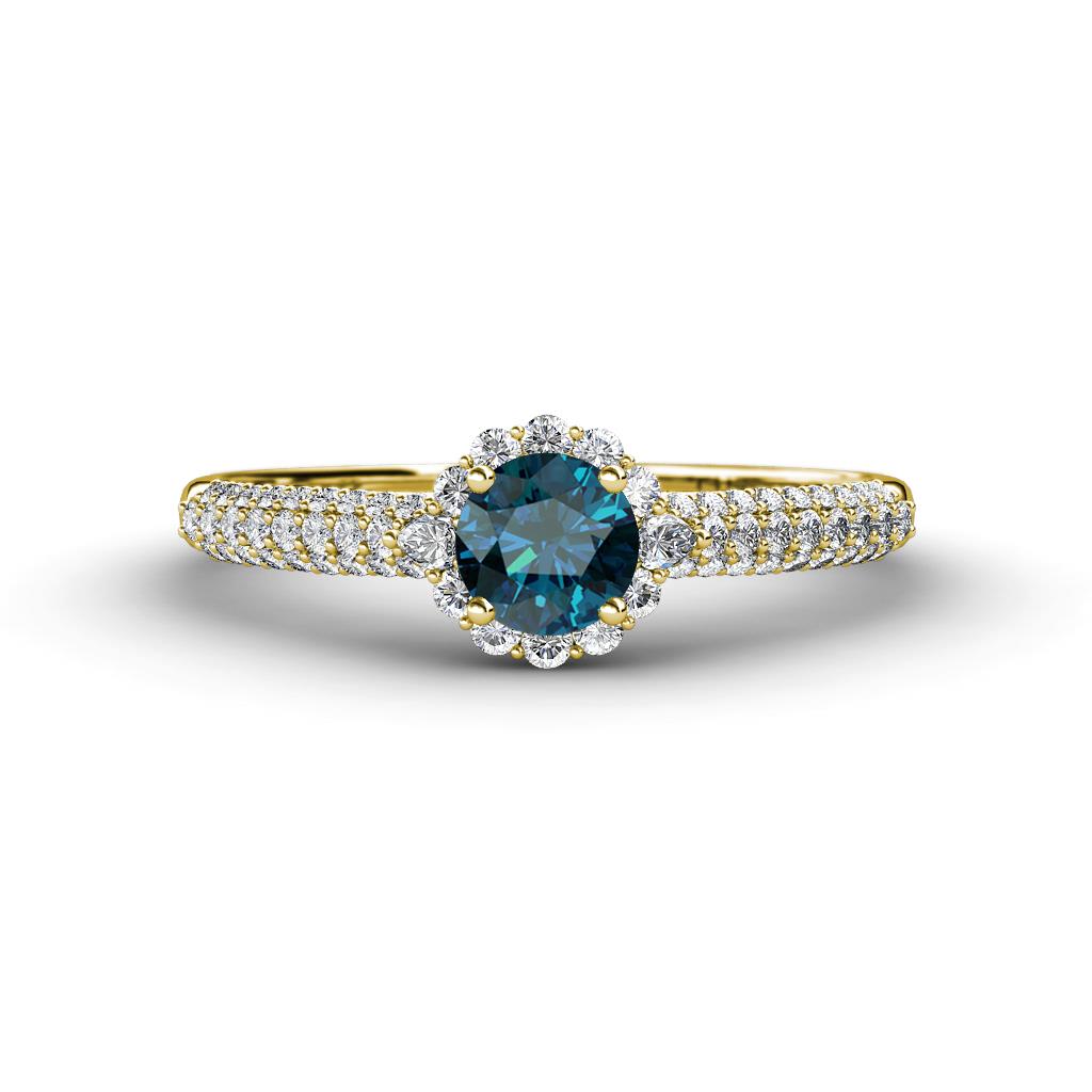 Christy Classic Round Blue and White Diamond 3 Row Shank Halo Engagement Ring 