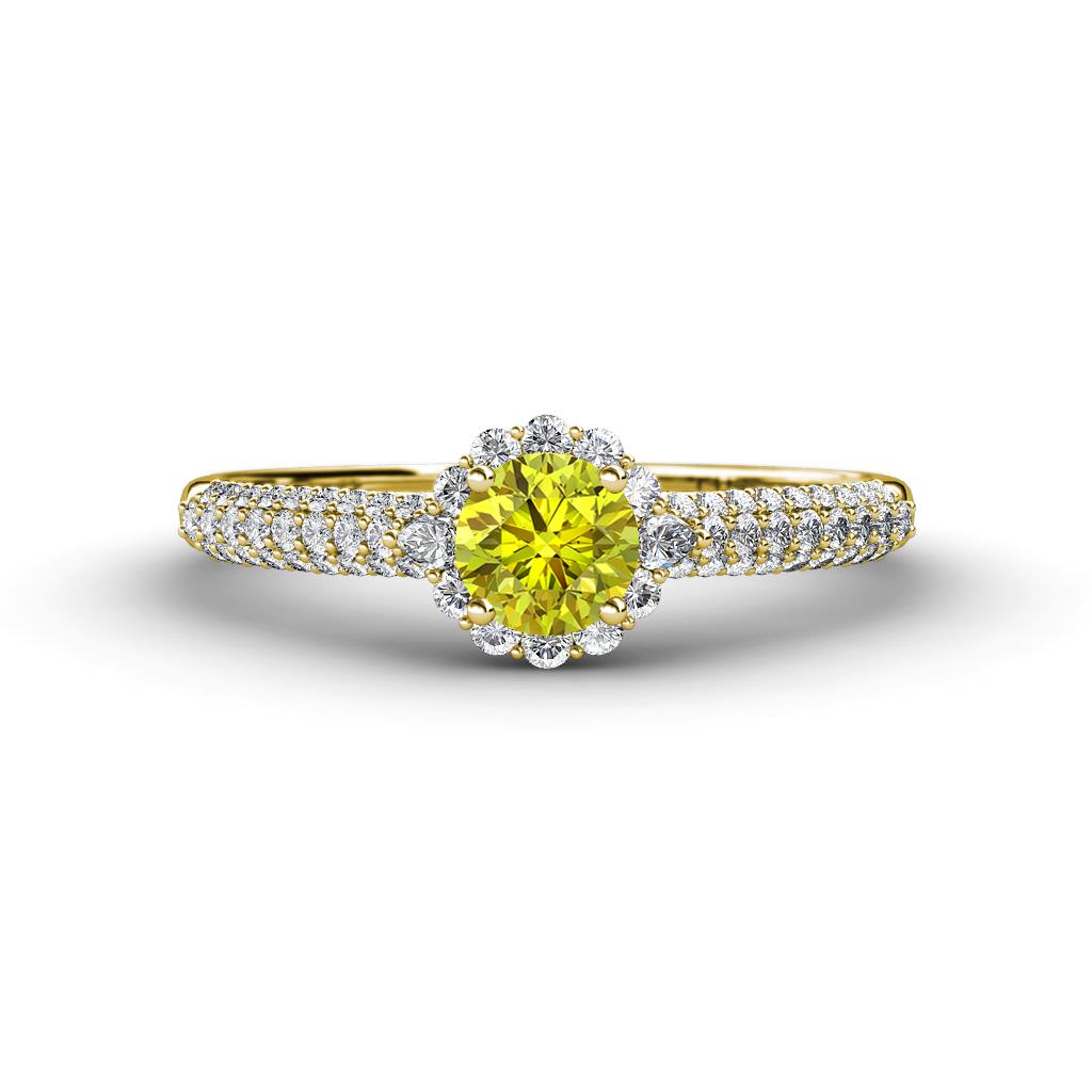 Christy Classic Round Yellow and White Diamond 3 Row Shank Halo Engagement Ring 