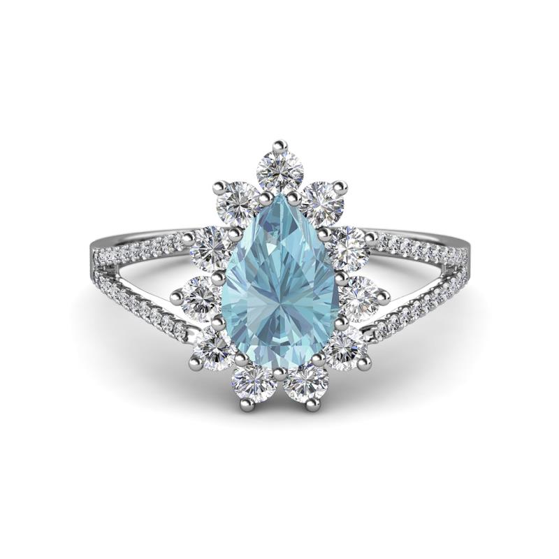 Helena Rainbow Pear Cut Aquamarine and Round Diamond Split Shank Halo Engagement Ring 