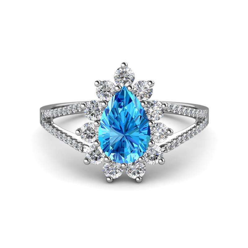 Helena Rainbow Pear Cut Blue Topaz and Round Diamond Split Shank Halo Engagement Ring 